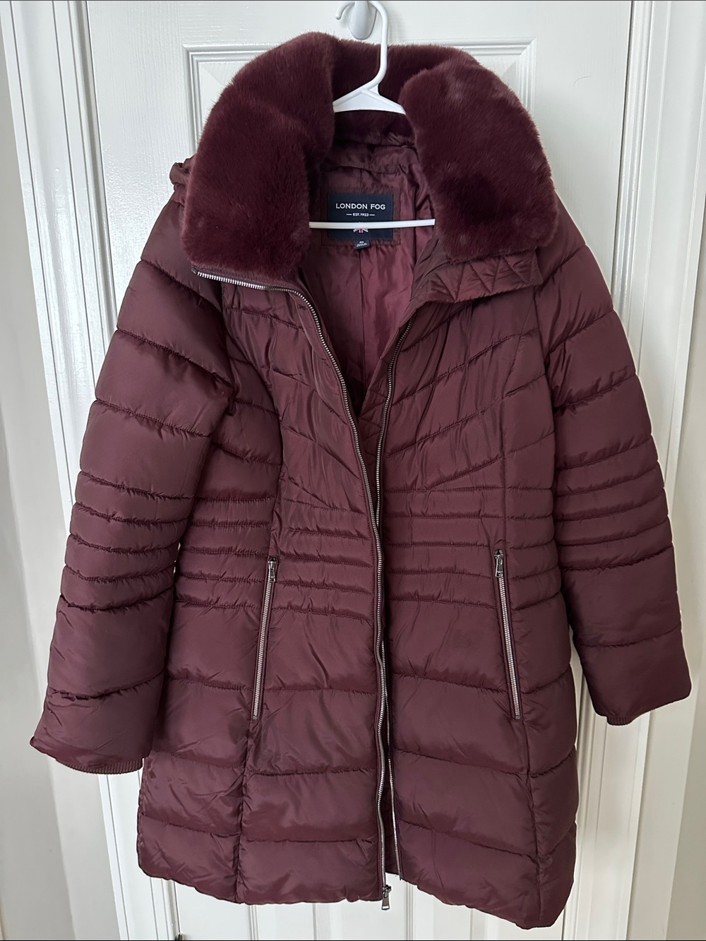 London Fog Women's Wine Quilted Puffer Coat with Faux Fur Collar